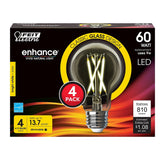 Feit Electric A1960CL930CA/FIL/4 Filament LED Bulb, Type A, A19 Lamp, 60 W Equivalent, E26 Lamp Base, Dimmable, Clear